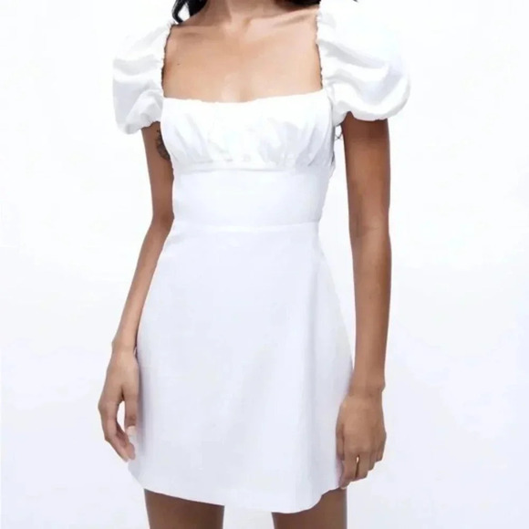 Zara Linen Blend Balloon Sleeve Strappy Back Mini Dress White Blogger Fav Sz M - Picture 5 of 10